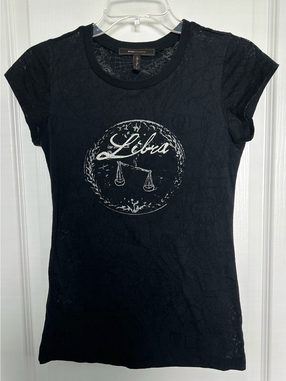BCBGMAXAZRIA Women’s Small Black Libra Zodiac Graphic Burnout T-Shirt Astrology